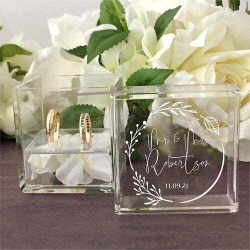 Personalised Clear Acrylic Wedding Ring Box Keepsake Ring Pillow RingBox Mr Mrs Proposal Rustic Jewellery Box Printed Bride Groo