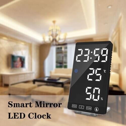 Creative LED Digital Time Alarm Clock Night Light Thermometer Hygrometer Display Mirror