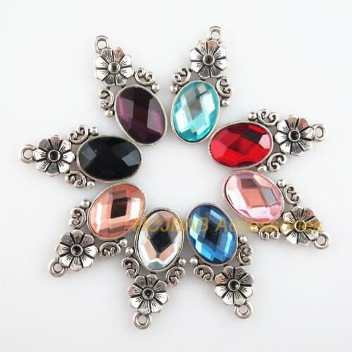 Fashion 8Pcs New Rose Charms Tibetan Silver Tone Retro Oval Mixed Crystal Pendants 15x28.5mm