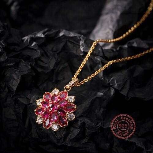 Fashion Elegant Red Flower Pendant Necklace Women Fine Gold Color 925 Sterling Silver Rhinestone Ring Clavicle Chain Gift