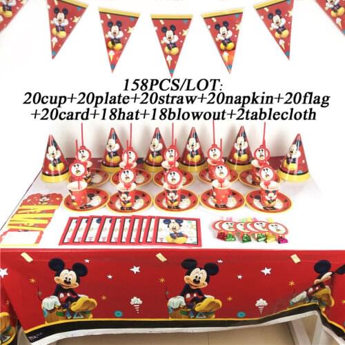 Mickey Mouse Theme Party Tableware Set Disposable Paper Plate Cup Tablecloth Banners Caps 1st Birthday Party Supplies For Boys