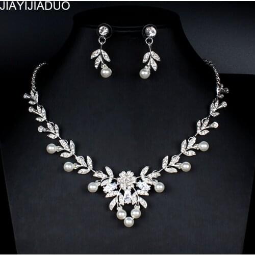 Jiayijiaduo New Imitation Pearl Jewelry Set for Women Wedding Dress Accessories Zircon Necklace Earrings Set Gift Silver Color