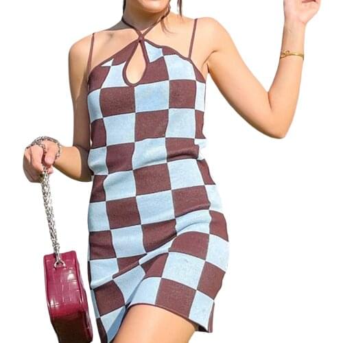 Women Color Block Halter Dress, Adults Tie-up Hollow Out Spaghetti Strap Plaid