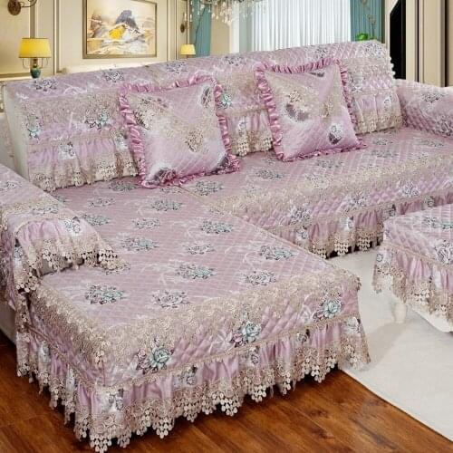 Luxury Cotton Linen Sofa Cover Purple Jacquard Embroidery Sofa Towel Thick Non-slip Cushion Pillow Case Exquisite Lace Sofa Set