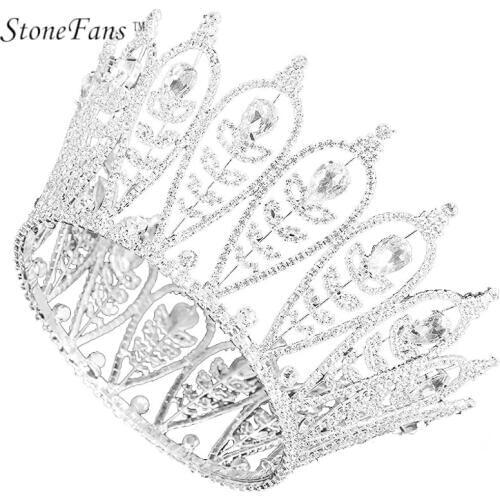 StoneFans Plant Crowns And Tiaras Pageants Full Round Leaf Bride Crystal Princess Crown Wedding Hair Accessories Hair Jewelry