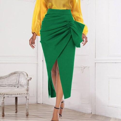 Women Party Skirt High Waist Slit Pleat Bocydon Midi Slim Office Lady Elegant Classy Female African Night Out Event Summer Jupes
