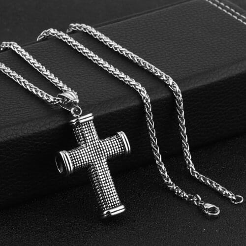 Trendy Silver Color Link Chain Stainless Steel Necklace for Men Jesus Cross pendant Necklaces Geometric Jewelry Male Gift MN86