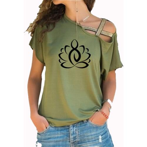Lotus Buddhist Meditation Relaxation Print Women Tshirt Cotton Casual t Shirt For Lady Girl Irregular Skew Cross Bandage Tshirt