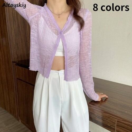 Women Cardigans Cropped Summer Sunscreen Thin Knitting Ulzzang 8 Colors V-neck Sweater Fashion All-match Female Basic Popular