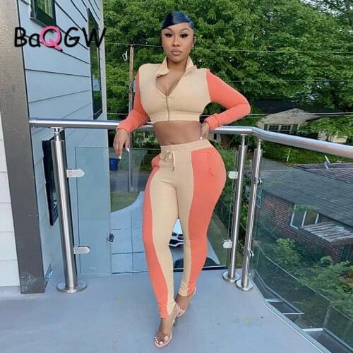 BaQGW Color Contrast Women 2 Piece Outfits Long Sleeve Zipper Jacket Pants Set Casual 2ps Set Autumn Long Sleeve Sporty Legging