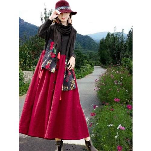 Retro Ethnic Style Womens Thick Linen Long Dress Autumn and Winter Stitching Two Wears Loose Women Abrigos Mujer Vestido f2896