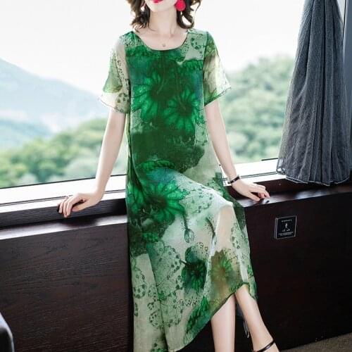 2021 Casual Vintage 4XL Plus Size Mulberry Silk Dress Summer Print Chiffon Beach Midi Dress Women Elegant Bodycon Party Vestidos