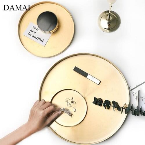 Golden Round Metal Trays Decorative Gilded Stainless Steel Cake Dessert Plate Afternoon Tea Food Display Tray Desktop Decoration