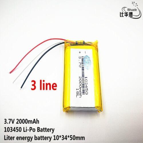 10pcs/lot 3 line Good Qulity 3.7V,2000mAH,103450 Polymer lithium ion / Li-ion battery for TOY,POWER BANK,GPS,mp3,mp4