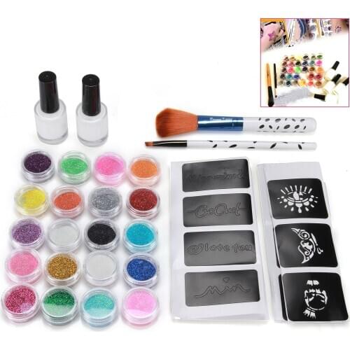 48Pcs Stencil Glue Brush20 Colors Powder + 48 PCS Stencil + 2 Glue +2 Brush Powder Kid Adult Glitter Temporary Tattoo Kit