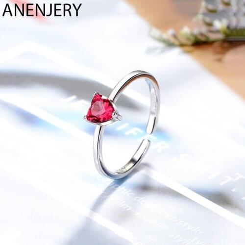 ANENJERY 925 Sterling Silver Love Heart Open Finger Rings Red Cubic Zircon Rings For Women Fashion Jewelry S-R788