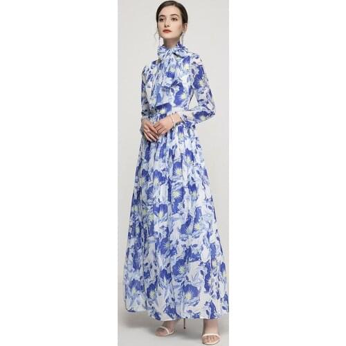 White Chiffon Blue Bowtie Floral Dresses Women 2021 Summer Long Casual Sexy Office Work Daily Dress Plus Size Fashion Elegant