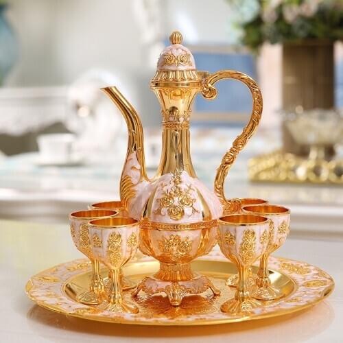 European Luxury Zinc Alloy Gold Plated Carved Wine Coffee Tea Sets Teapots Fashion Home Decorations 1 Set=1 Dish+1 Pot+6 Cups