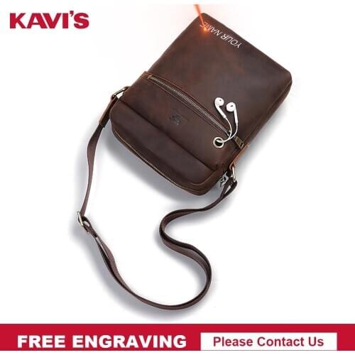 KAVIS Free Engraving Genuine Leather Males Crossbody Bag Casual Business Leather Mens Messenger Shoulder Bag Zipper Vintage