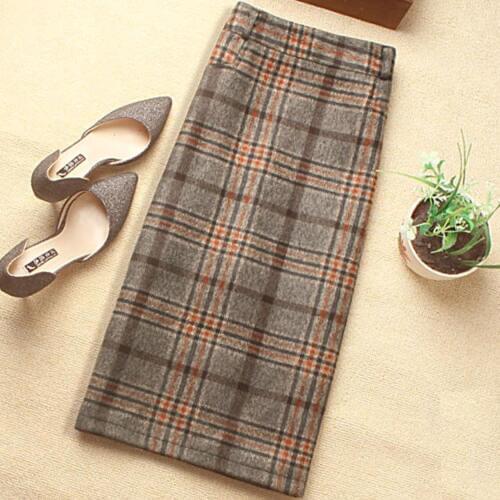 Classic Vintage Plaid Womens Woolen Skirts Winter office package hip knee-length high waist step Skirts