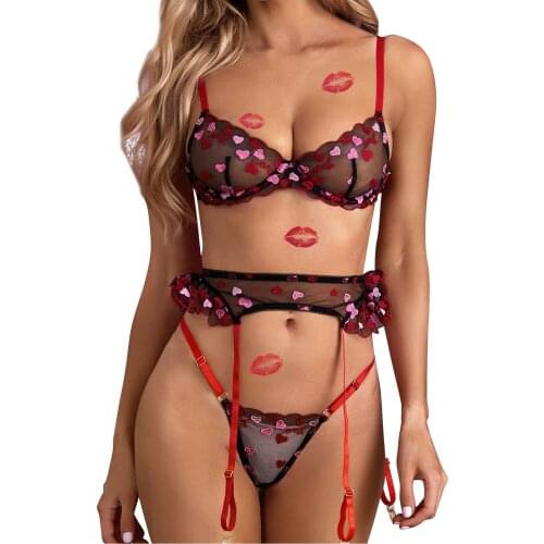 3 Pieces Set Women Sexy Embroider Sensual Lingerie Underwear Lace Flower Erotic Costumes Bra Transparent Exotic Underwire