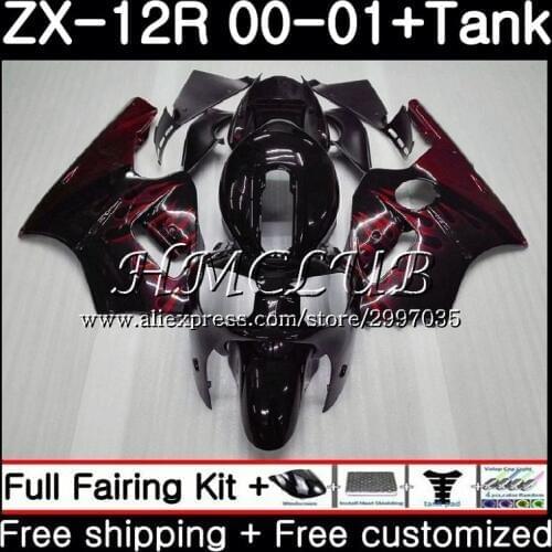 Body+Tank For KAWASAKI NINJA ZX1200 C ZX 12R 2000 2001 2002 67HC.1 ZX 12 R 1200CC Red flames ZX12R 00 ZX-12R 00 01 02 Fairing