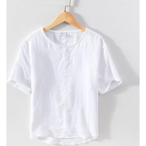 100% Linen Pullover Shirt for Men Summer New Short Sleeve Tops Male Solid White Mandarin Collar Casual Daily Clothing