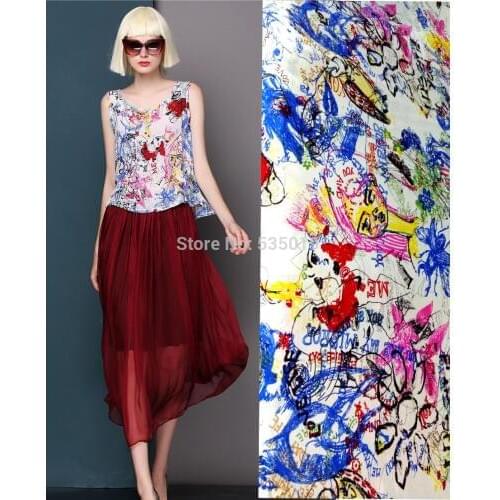 New 2018 Blue Graffiti DIY Digital Painting Brand Crepe Silk Fabric african cloth Dress Mulberry Silk Clearance Sale Wholesale