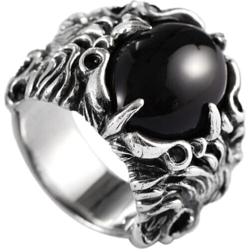 2020 new solid s925 pure silver jewelry vintage Thai silver Mighty lion king head black agate man ring