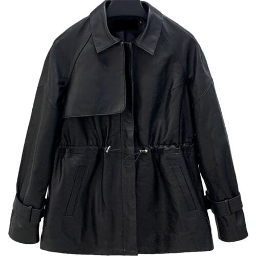 2021 New Leather Leather Jacket Womens Mid-length Waist Windbreaker Was Thin Sheep Skin Korean Casual Jacket