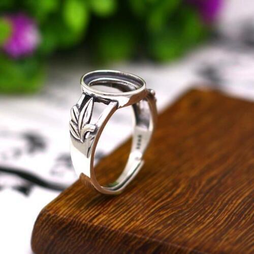 925 Sterling Silver 8x11mm Oval Cabochon Semi Mount Engagement Ring Women Jewelry Leaf Vintage Retro Adjustable Open DIY Stone