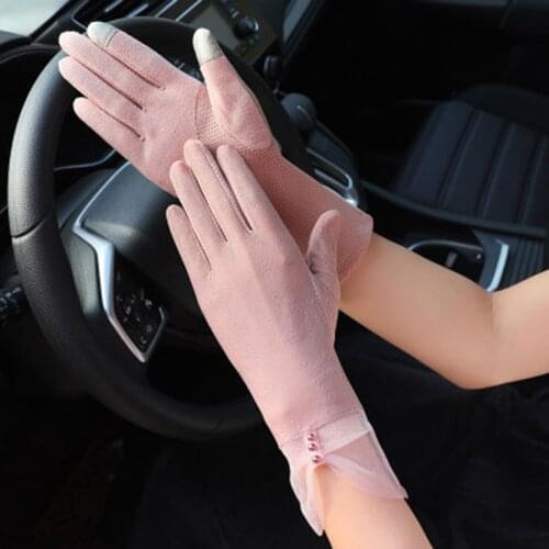 Summer Female Thin Ice Silk Elastic Sunscreen UV Touch Screen Driving Gloves Sexy Lace Nonslip Sport Cycling Pearl Mittens K44
