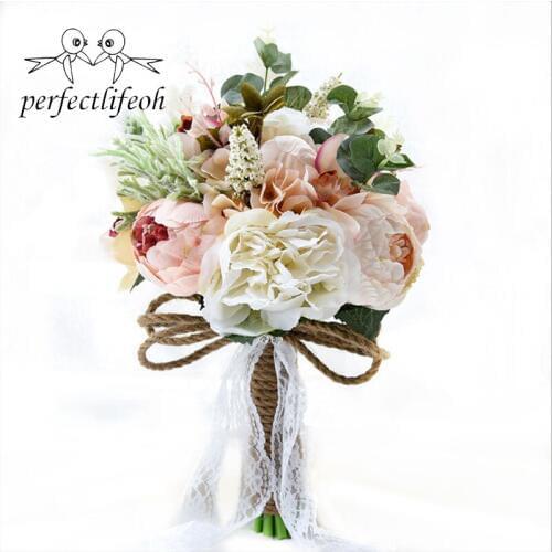Perfectlifeoh Wedding Rose Wedding Bouquets Bridal Bridesmaid Flower Artificial Simulate Ivory Flower Bouquet With Lace And Rope