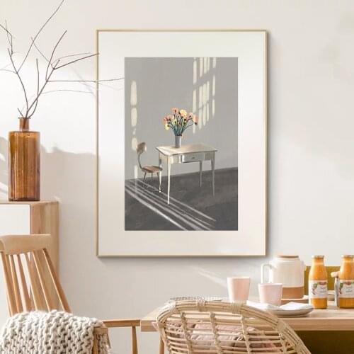 Simple and modern Nordic table and chair vase space still life porch sitting room mural poster print canvas decorative picture