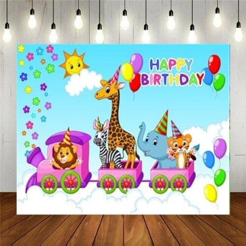 Nitree Photo Studio Props Vinyl Photography Backdrop Cartoon Animals On The Train Balloons For Kids Birthday Party Decoration