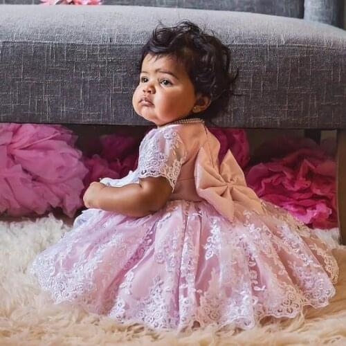 Pink Baby Girls Birthday Dress Kids Clothes Toddler Knee Length Christening Party Tutu Gown Big Bow