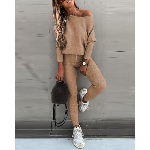 Tracksuits Womens Elegant Solid Two Piece Sets Autumn Winter Sexy Off Shoulder Long Sleeve Pullovers Tops Ladies Sweatshirt Sui