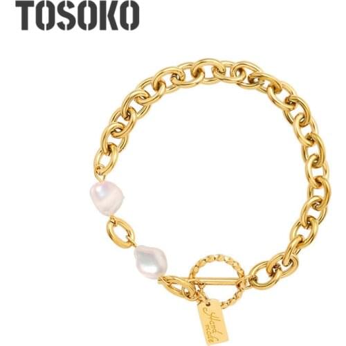 TOSOKO Stainless Steel Jewelry OT Button Link Chain Bracelet Womens Hip Hop Cool Natural Freshwater Pearl Gold Bracelet BSE182
