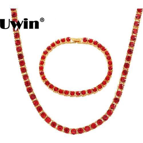 Uwin New 1 Row Tennis Chains Necklace & Bracelet Colorful Red Black Blue Rhinestones Silver-plate Hiphop Mens Jewelry Set