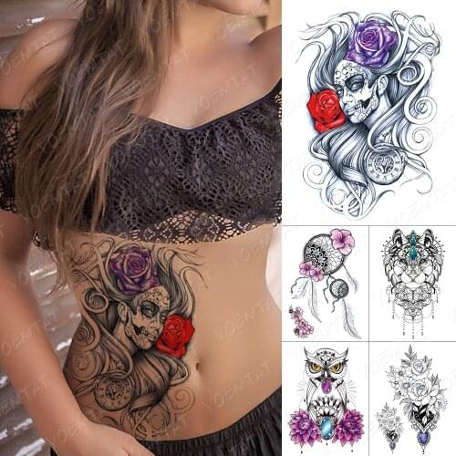 Waterproof Temporary Tattoo Sticker Clock Rose Catrina Day of The Dead Flash Tattoos Owl Beauty Body Art Arm Fake Tatoo Women