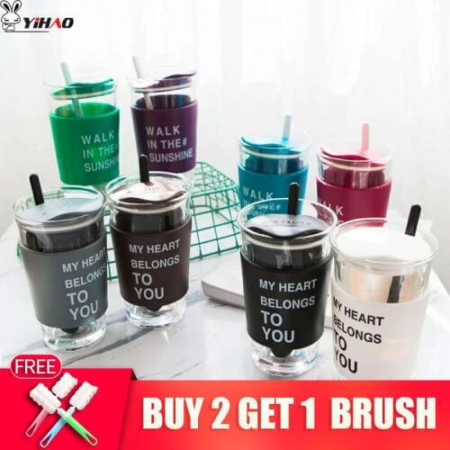 YIHAO 460ML High Quality Hot Sale Creative Portable Glass Water Bottle Simple High Borosilicate Anti-scalding With a Spoon Glass