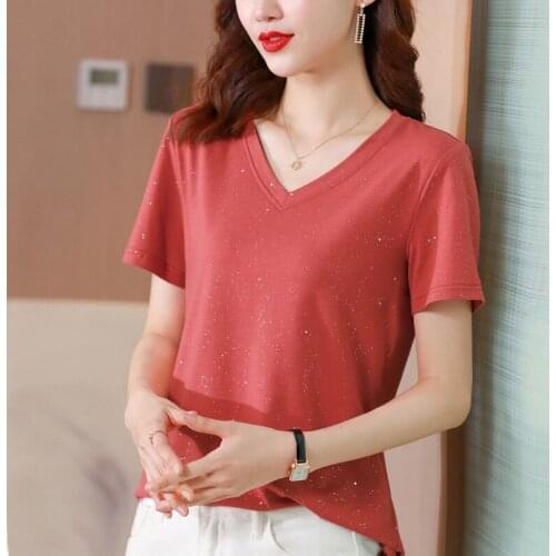 2021Summer Cotton T-shirt Tops Women Short Sleeve Casual V Neck Large size M-3XL