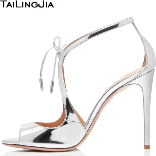 Woman Sexy Peep Toe Sandals Party Wedding Dress High Heels Ladies Ankle Strap Shoes Silver Patent Leather Fashion Hotsale 2019