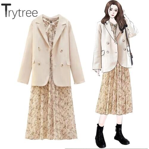 Trytree 2021 Spring Autumn Two Piece Women Set Casual Blazer Coat + Elastic Waist Floral Printed Dress Office Lady 2 Piece Suit