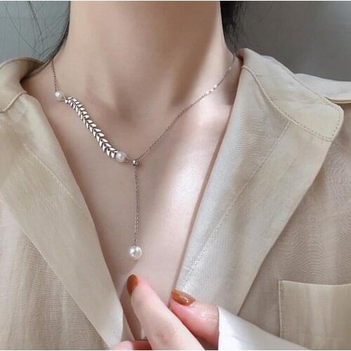 Korea Hot Sale Fine Jewelry Sexy 925 Silver Wheat Ear Short Necklace Adjustable Elegant Pearl Prom Party Necklace for women