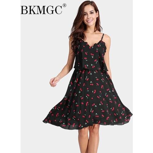 BKMGC Women Sling Dresss Summer Black Slim Causal Sleeveless Knee Length Dresses Berry Printing Spaghetti Strap Gown