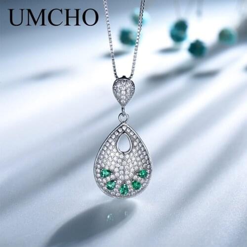UMCHO Emerald 100% 925 Sterling Silver Round Gemstone Girl Pendant Necklace For Women Party Rock Fashion Fine Jewelry