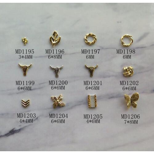 10pcs Fancy Nail Art 3D Metal Deco Metal Charms Gold Leaf Cow-Head Butterfly Circle MD1195-1206