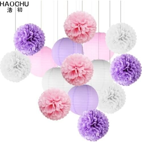15pcs/set Round Chinese Paper Lanterns Tissue Paper Flower Balls For Birthday Party Wedding Baby Shower Decoration Pink Purple