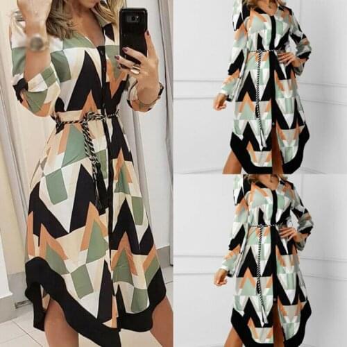2020 Hot Sale Fashion Trend New Ladies Shirt Dress Long Sleeve Casual Geometric Pattern Lace Up Slim Mid-length Dress Street